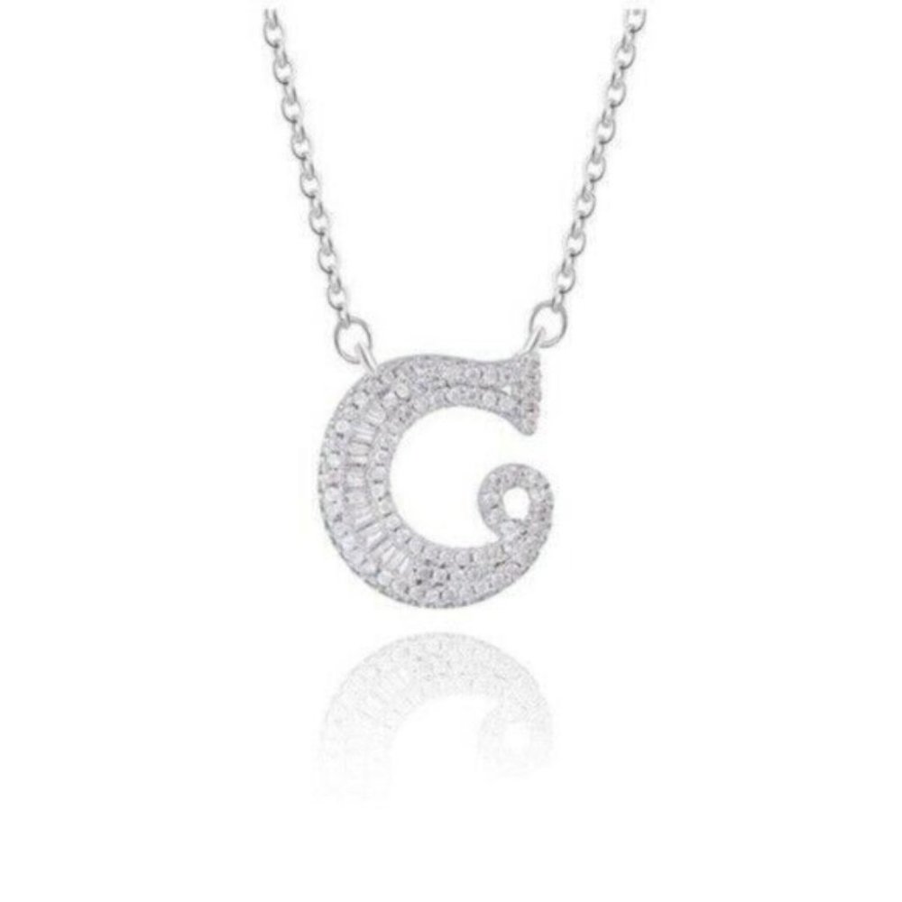 Silver CZ Initial Name Letter "C" Elegant Necklace